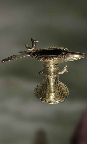 Dhokra Brass Work small Lamp with peacock carving