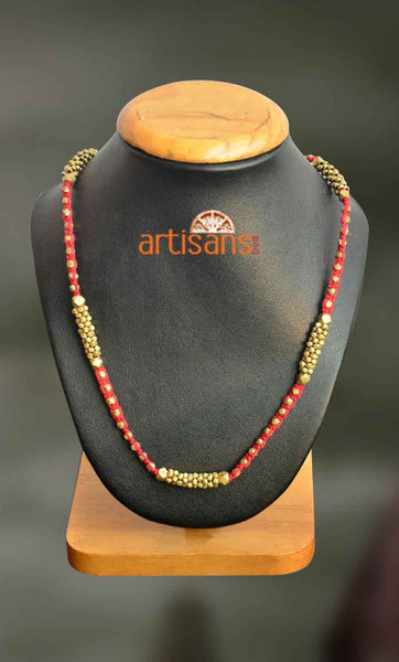 Tribal Jewellery - Necklace with golden beads on red thread