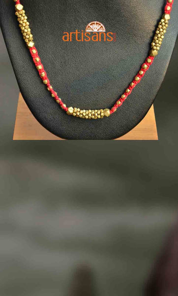 Tribal Jewellery - Necklace with golden beads on red thread