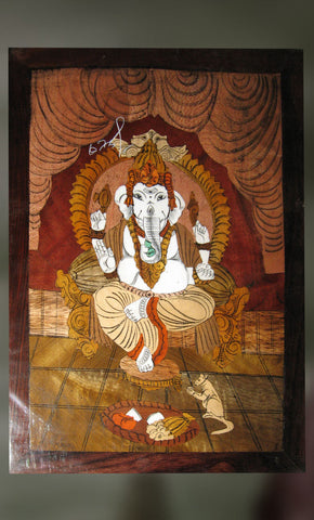 Wood carved painting of blessing Ganesha