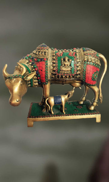 Brass and Stone sculpture of Kamadhenu,the divine cow