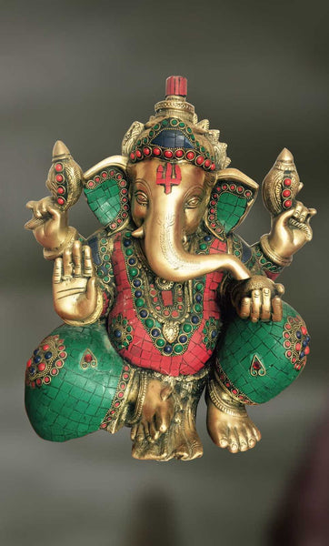 Brass and Stone sculpture of Lord Ganesha blessing 