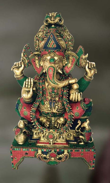 Brass and Stone sculpture of Ganesha blessing with his mount at his feet