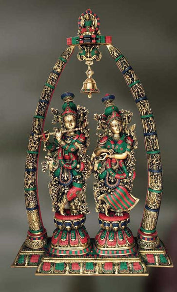 Brass and Stone Sculpture of Radha Krisna and Krishna playing flute