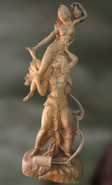 Handmade Wood sculpture of Arjuna and Chitrangada 